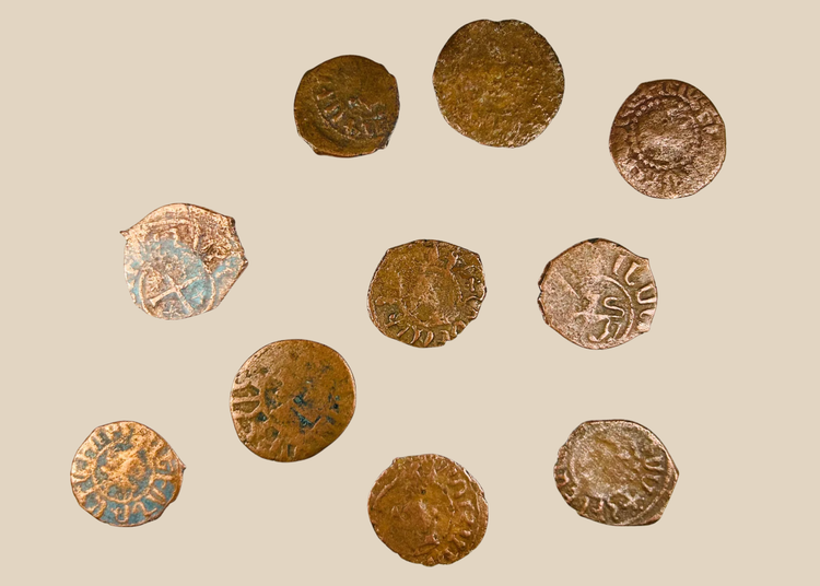 Set of ten medieval Crusader bronze coins with Christian crosses and Latin inscriptions, Crusader States, 11th–13th century AD.