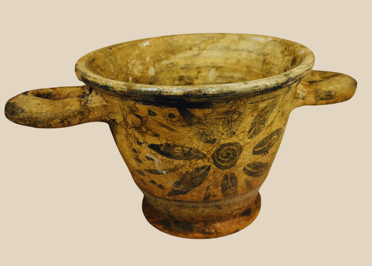 Ancient Etruscan terracotta skyphos with radial rosette decoration