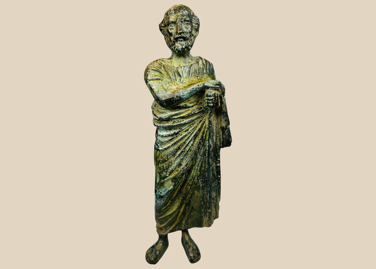 19th century bronze classical male figure sculpture with toga and green patina