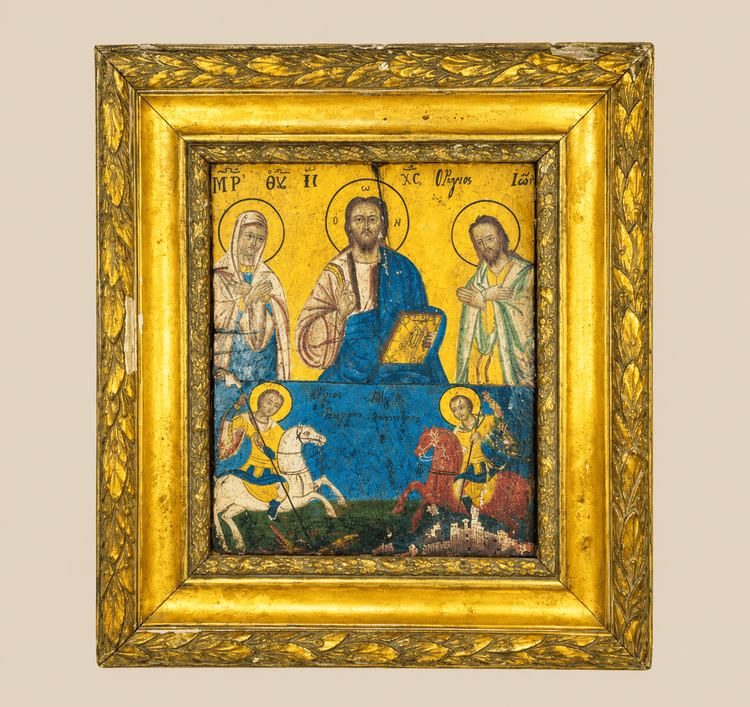 Icono ortodoxo griego pintado a mano sobre madera | Cristo Pantocrátor con santos | Circa siglos XVI-XVIII
