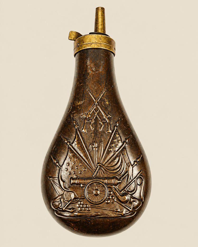 Patriotic Stand Of Arms Powder Flask | Copper Body With Brass Spout | Mid 19th Century