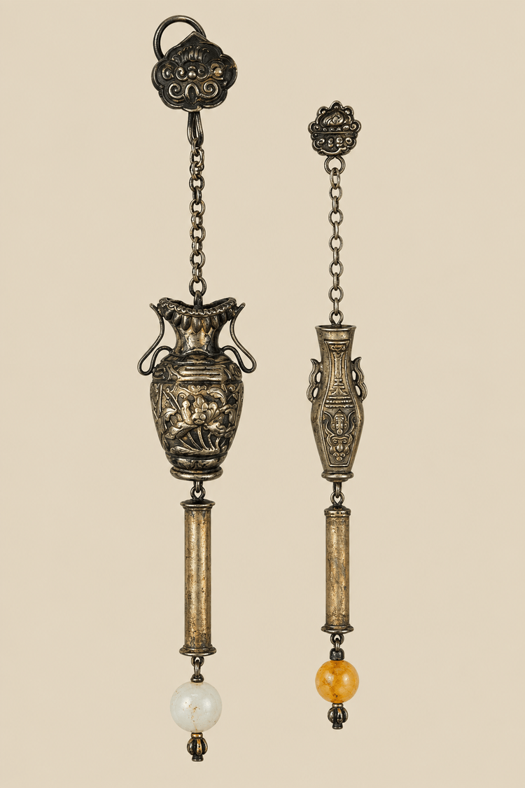 Par de Adornos Colgantes Chinos Antiguos de Plata con Cuentas Decorativas | Circa Finales del Siglo XIX – Principios del Siglo XX