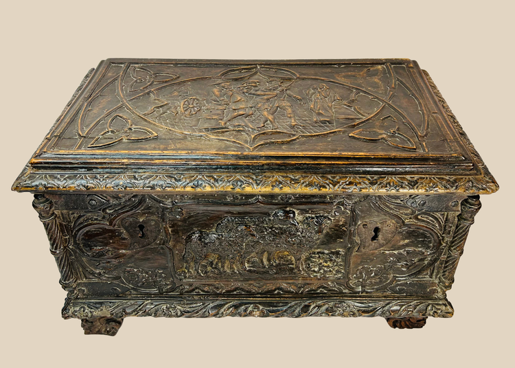 Renaissance Italian cassone chest with hand-carved figural and foliate panels, circa 16th–17th century