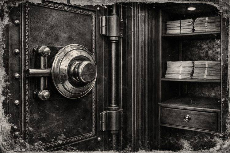 Display mounted antique safe lock showcasing early mechanical engineering