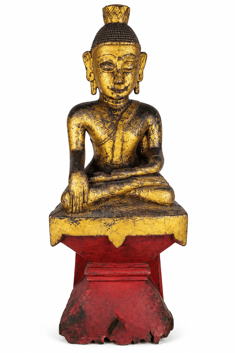 Bouddha assis birman Shan (Tai Yai) antique en Bhumisparsha Mudra | Fin XIXe-début XXe siècle