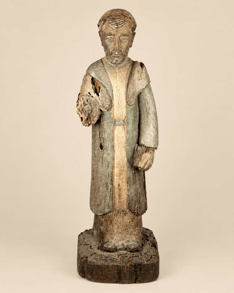 Hand-Carved Spanish Colonial Saint Figure | Aged Polychrome Sculpture | Circa 18th–19th Century