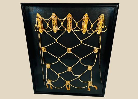 19th-century Tibetan bone apron displayed in a frame, traditional tantric ritual ornament.