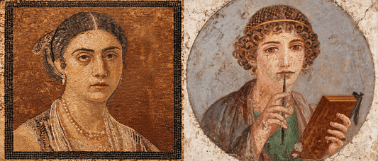 Horizontal banner featuring two ancient Roman female portraits side by side, showing women adorned with necklaces and earrings in mosaic and fresco art.