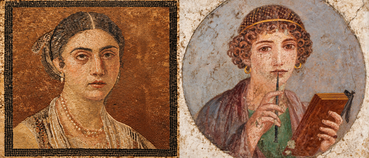 Horizontal banner featuring two ancient Roman female portraits side by side, showing women adorned with necklaces and earrings in mosaic and fresco art.