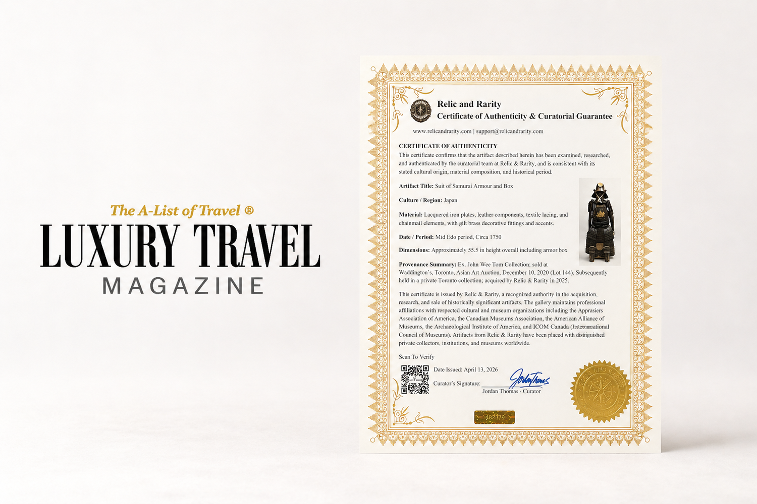 Luxury Travel Magazine feature with Relic & Rarity certificate of authenticity on gradient studio background