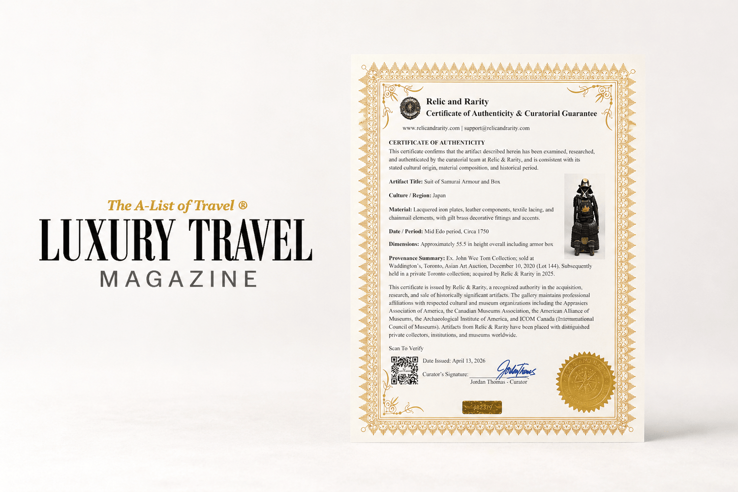 Luxury Travel Magazine feature with Relic & Rarity certificate of authenticity on gradient studio background
