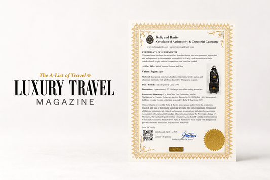 Luxury Travel Magazine feature with Relic & Rarity certificate of authenticity on gradient studio background