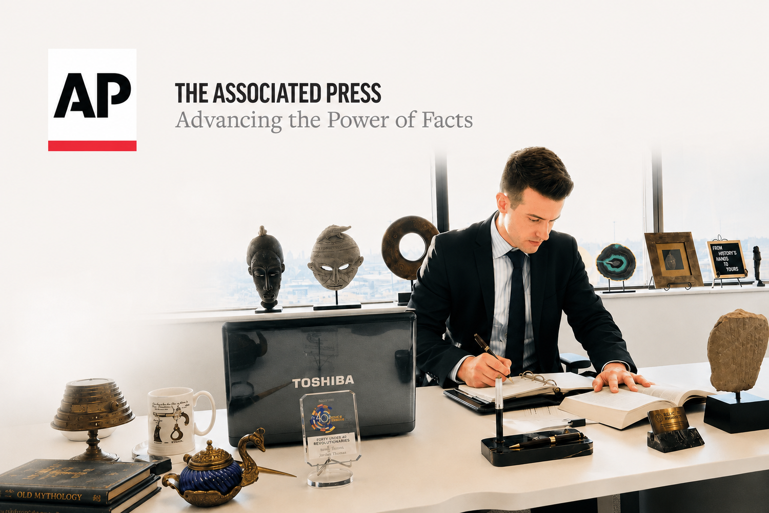 Associated Press logo above Relic & Rarity founder Jordan Thomas researching historical artifacts at his office desk.