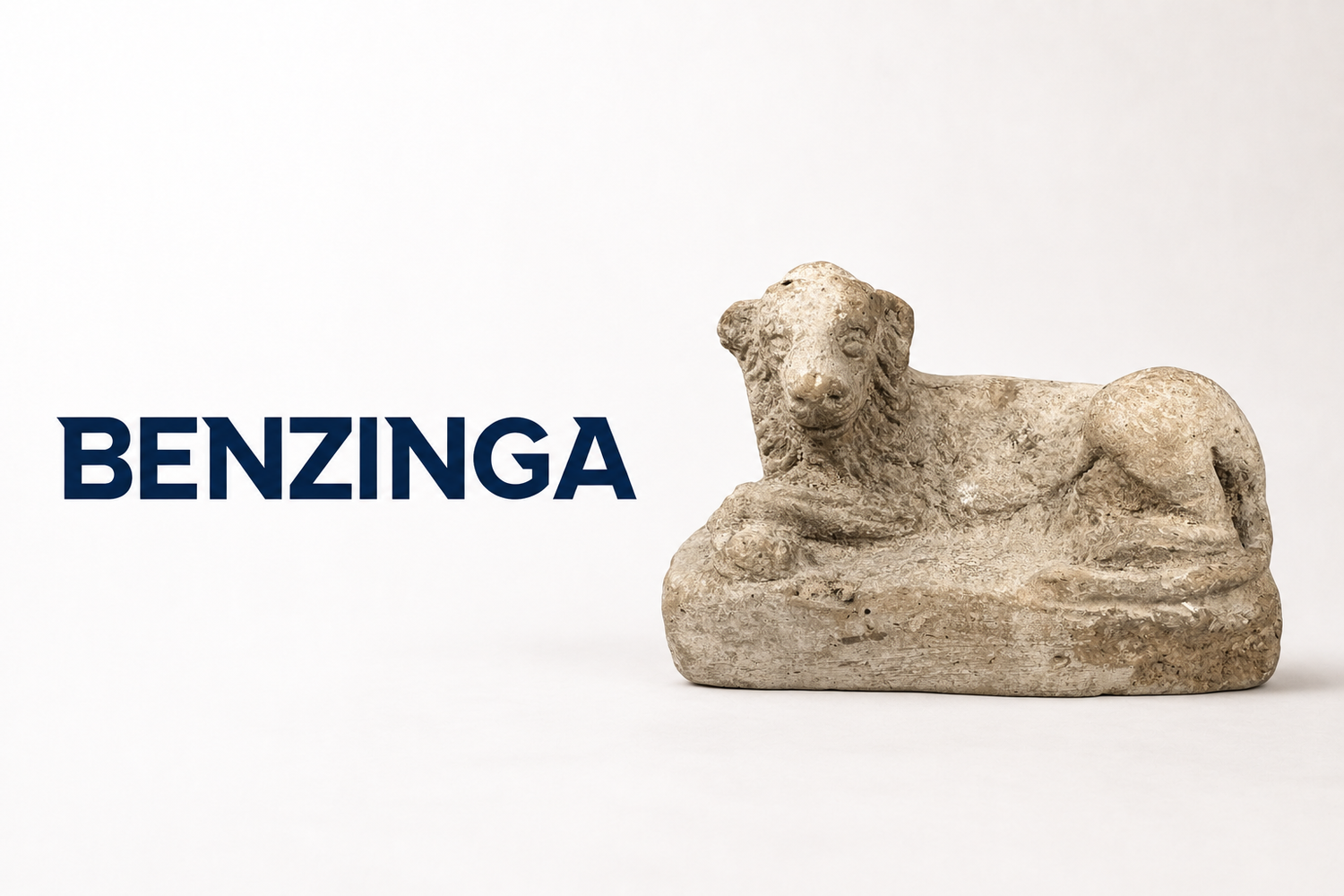Benzinga logo beside an ancient reclining animal artifact featured by Relic & Rarity.