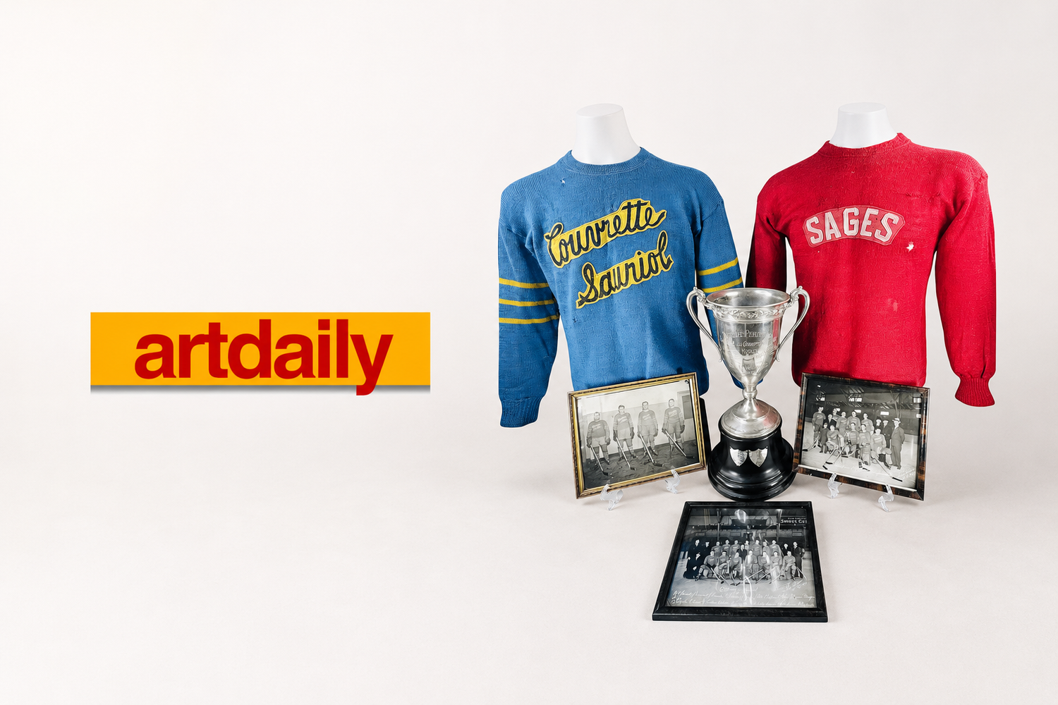 ArtDaily feature on Relic & Rarity showing a historic Canadian hockey memorabilia collection with vintage sweaters, photographs and trophy.