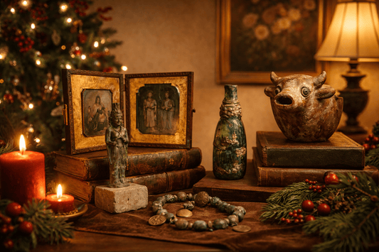 Warm holiday display of Relic & Rarity artifacts arranged on vintage books with candles, greenery, and a Christmas tree softly glowing in the background.