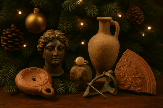 Ancient terracotta artifacts displayed beneath a Christmas tree, including a Roman oil lamp, classical bust, amphora vessel, carved pottery fragment, and Christmas ornaments with warm festive lighting.