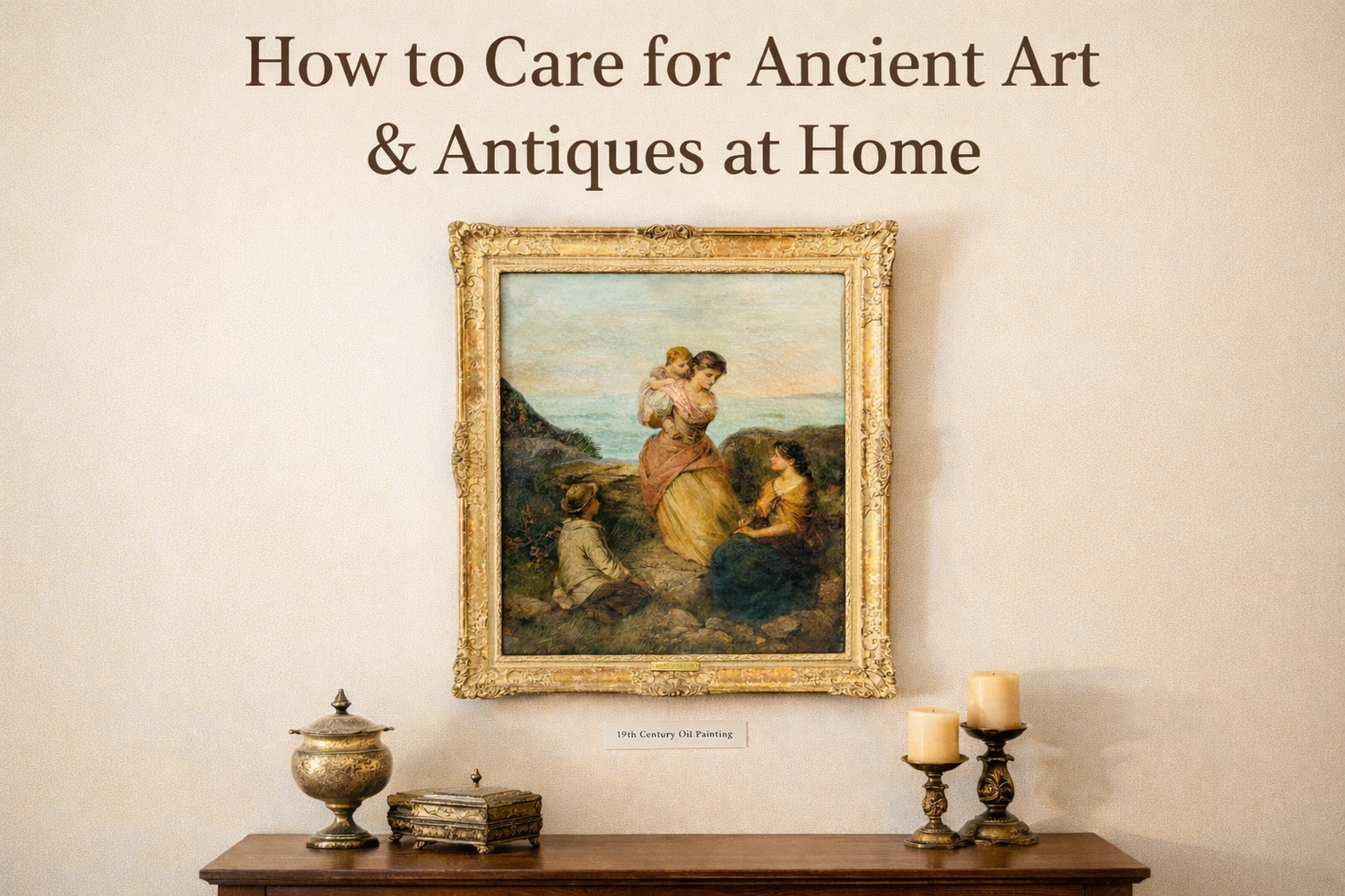 Museum-style framed antique painting displayed in an elegant home interior.