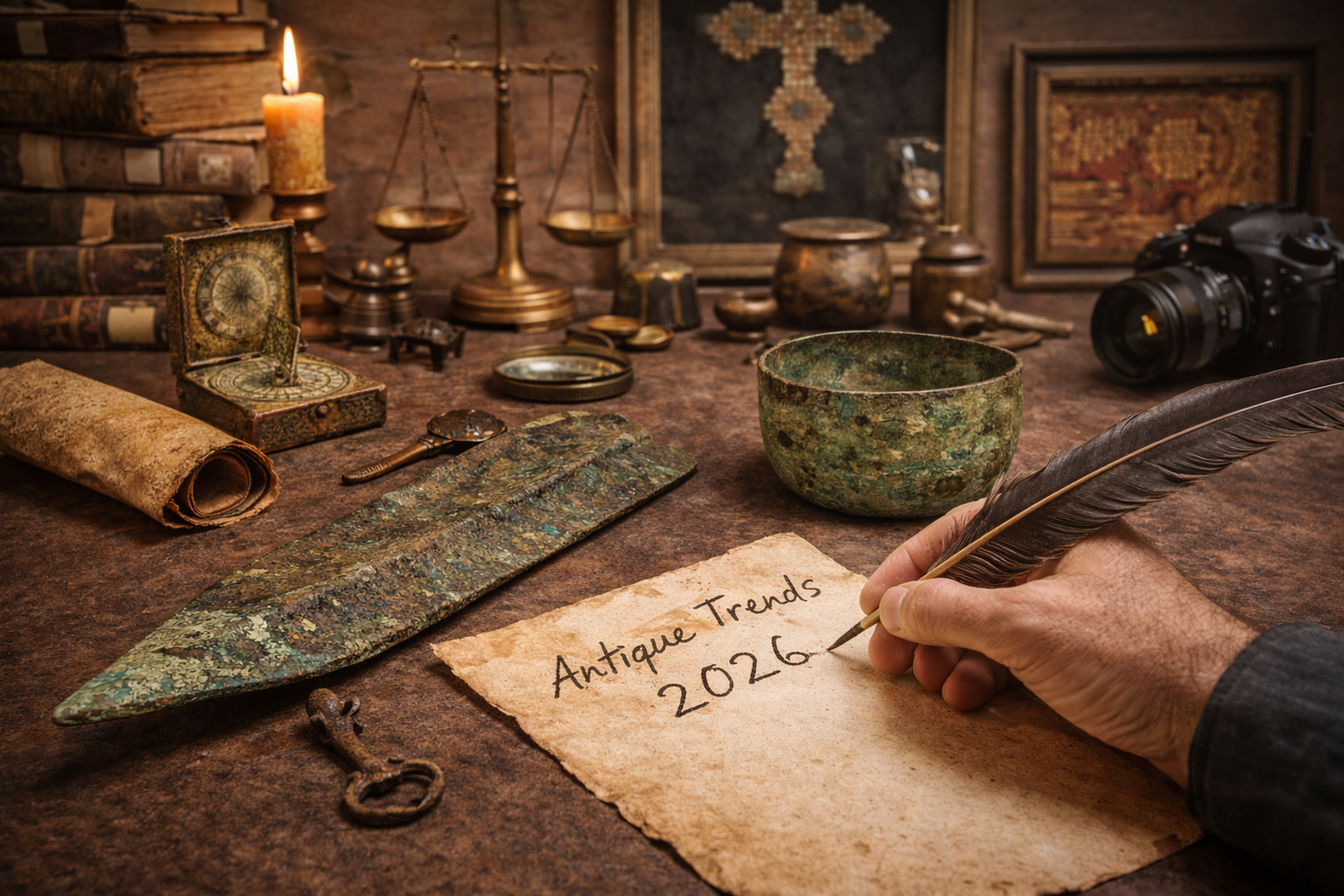 Curated selection of ancient bronze artifacts and collecting objects arranged on a study table, reflecting modern antique collecting trends.