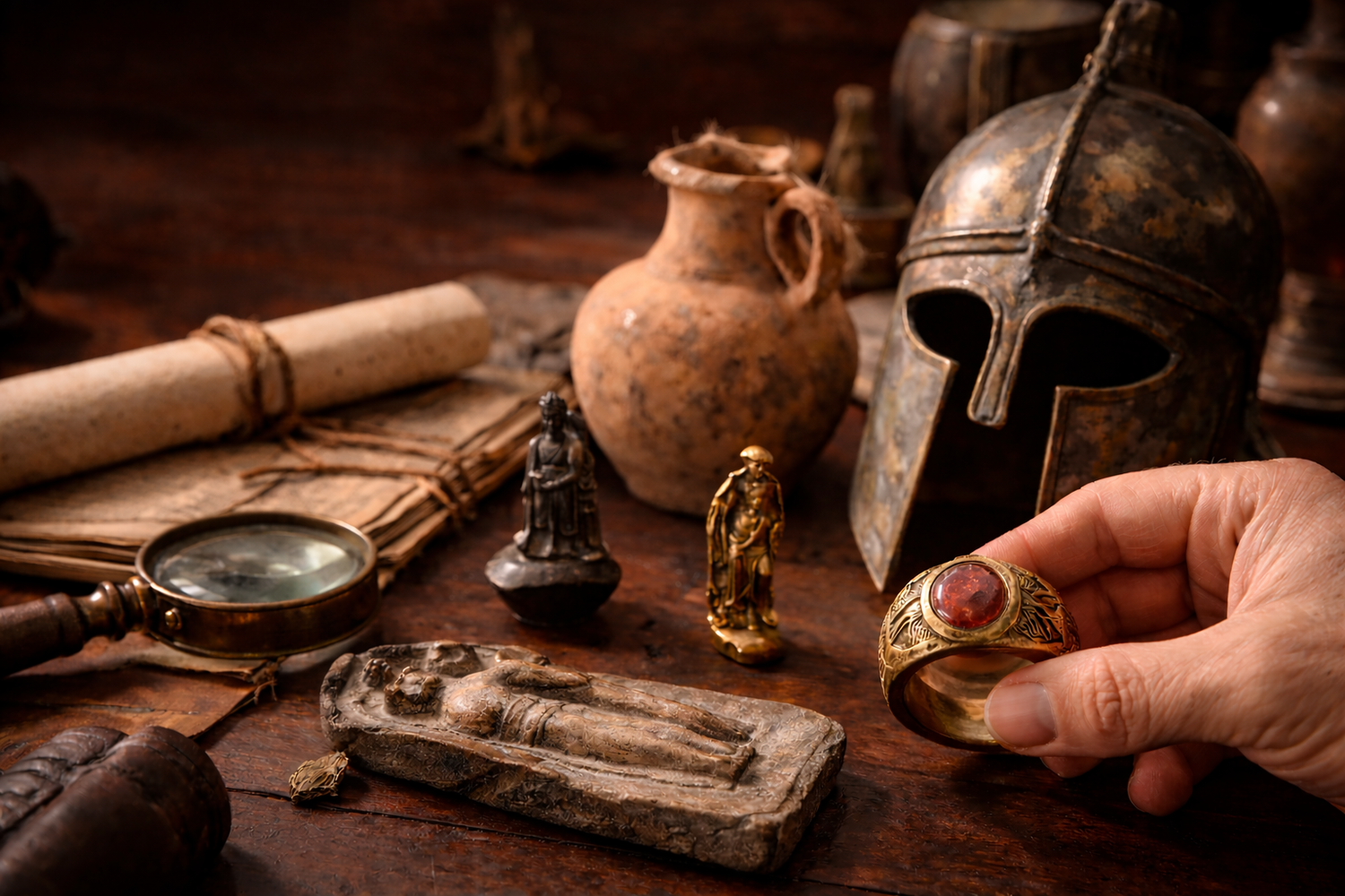 Collector examining an ancient gold signet ring surrounded by authentic historical artifacts on a wooden table