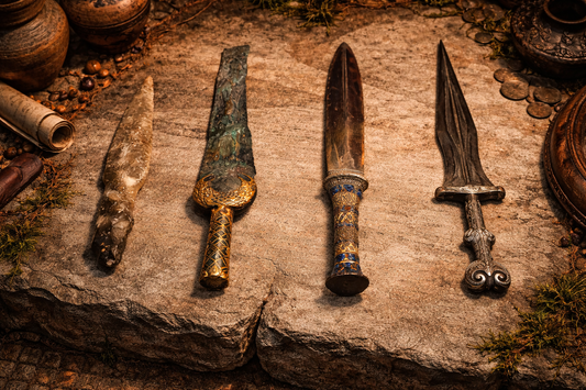 Collection of historical daggers from different cultures demonstrating what is a dagger and how dagger weapons evolved through history.