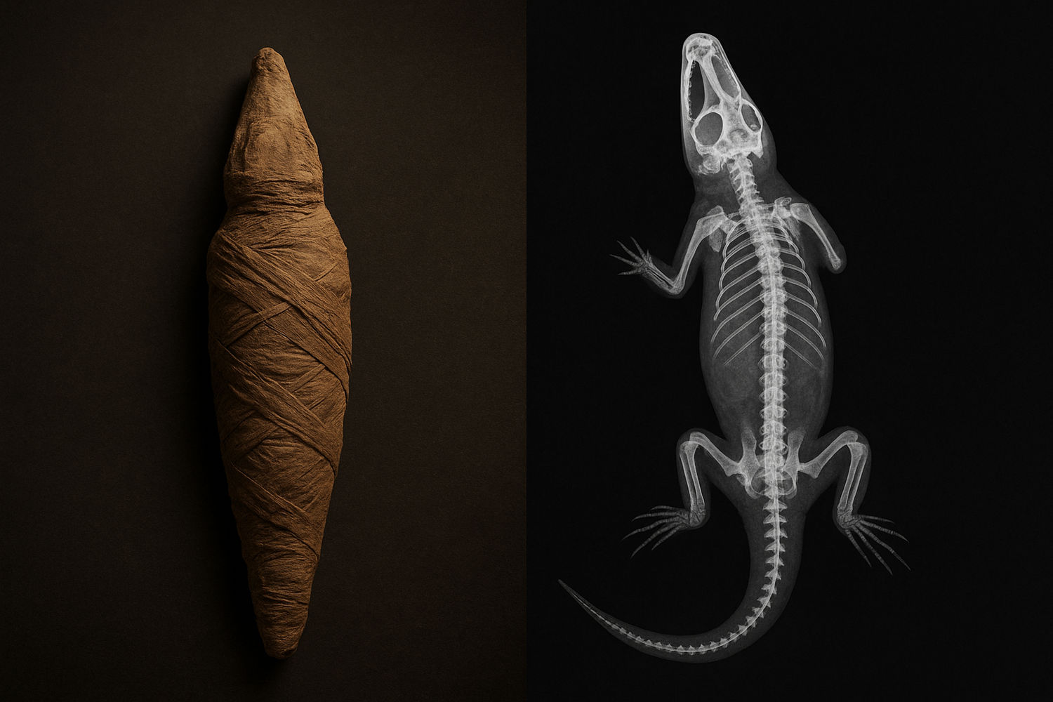 Ancient Egyptian animal mummy shown beside X-ray revealing internal skeleton.