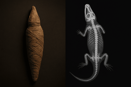 Ancient Egyptian animal mummy shown beside X-ray revealing internal skeleton.