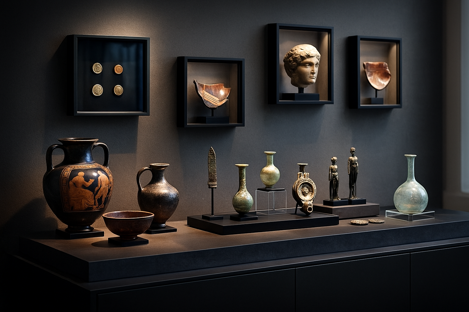 A curated gallery display of Roman and Greek artifacts, including terracotta pottery, bronze statuettes, ancient glass vessels, coins, and sculptural fragments arranged on modern stands and shadow-box frames against a dark museum-style wall.