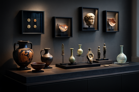 A curated gallery display of Roman and Greek artifacts, including terracotta pottery, bronze statuettes, ancient glass vessels, coins, and sculptural fragments arranged on modern stands and shadow-box frames against a dark museum-style wall.