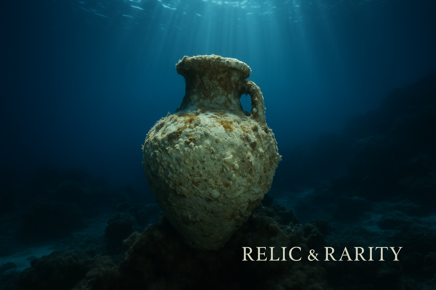 Ancient amphora resting on the seafloor, underwater shipwreck artifact lit by ocean sunlight.