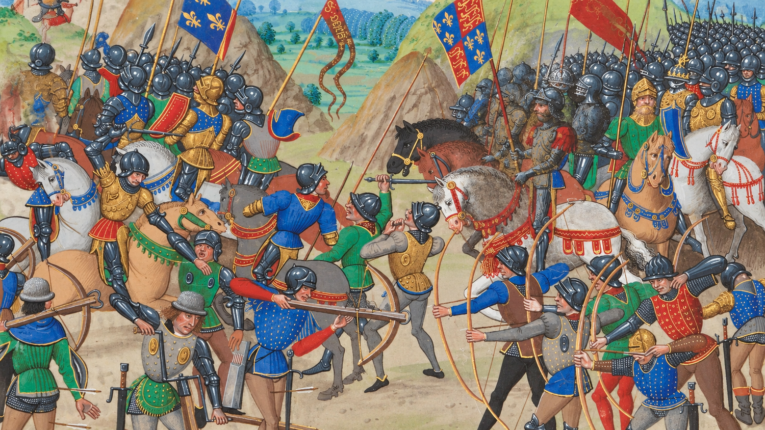 Medieval battle illustration showing archers, crossbowmen, and armoured soldiers beneath colourful banners.