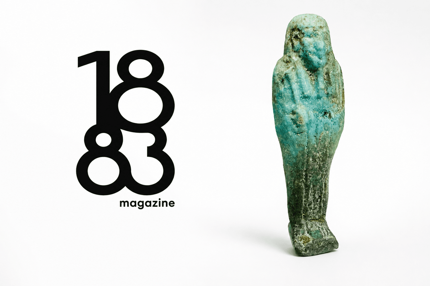 1883 Magazine logo beside an ancient Egyptian faience ushabti featured by Relic & Rarity.