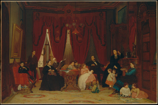 Victorian family gathered in an ornate nineteenth-century interior with period clothing, furnishings and books