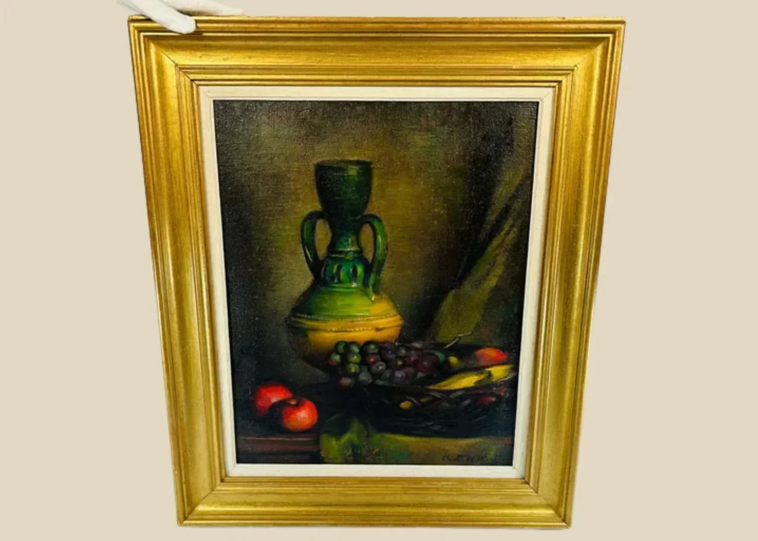 Framed Curtis Albert Williamson still life painting with vase, fruit, and dramatic lighting.
