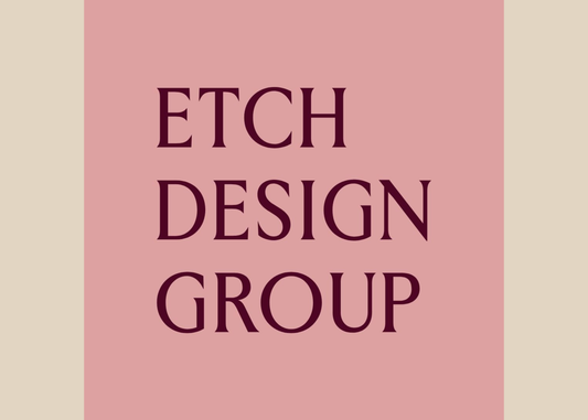 Etch Design Group logo on a muted blush background, featured in an editorial highlighting curated antiquities and interior design