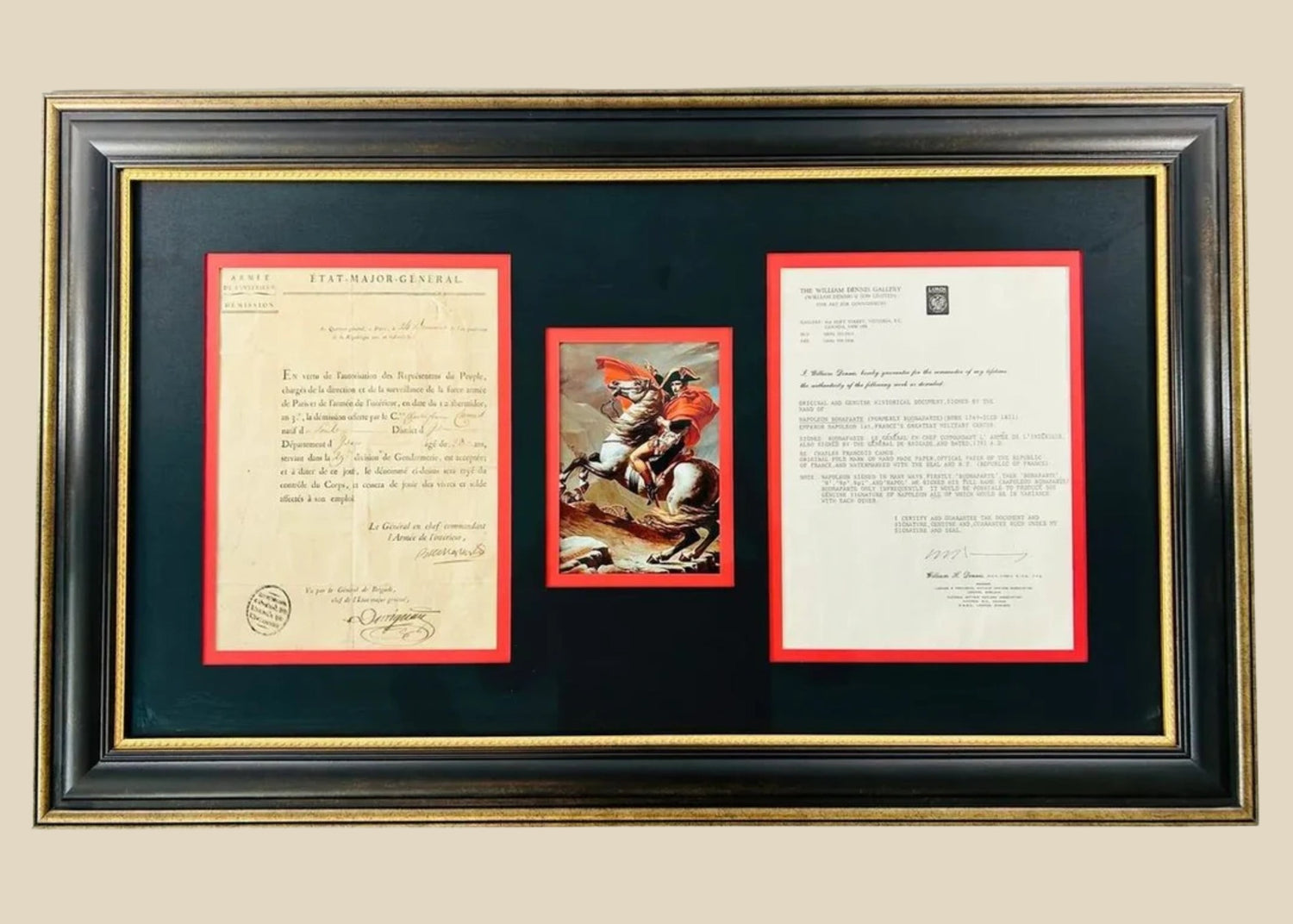 Framed Napoleon Bonaparte signed document display with historical papers and portrait.