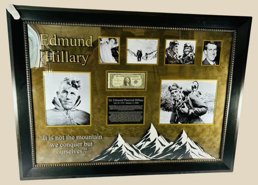 Framed Sir Edmund Hillary signature display with Everest photos and commemorative artwork.