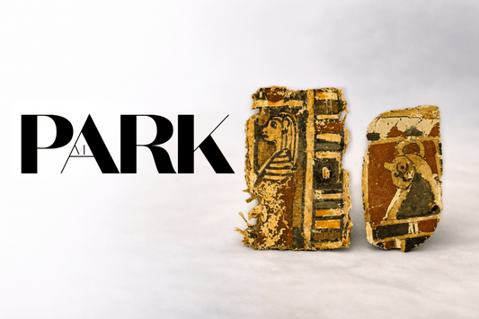 Ancient Egyptian painted papyrus fragments featured in Park Magazine article highlighting Relic & Rarity antiquities collection
