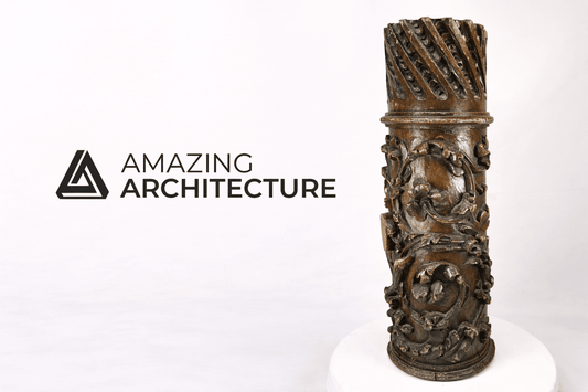 Amazing Architecture publication logo displayed beside a carved antique wooden architectural fragment from the Relic & Rarity collection.