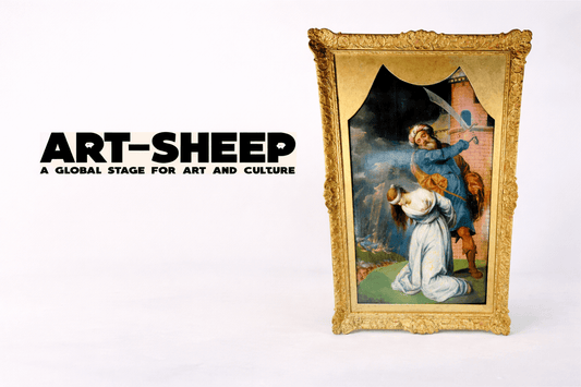 ART-SHEEP art and culture publication logo displayed beside an Italian Old Master painting depicting the martyrdom of Saint Catherine of Alexandria in an ornate gilded frame against a neutral studio background.