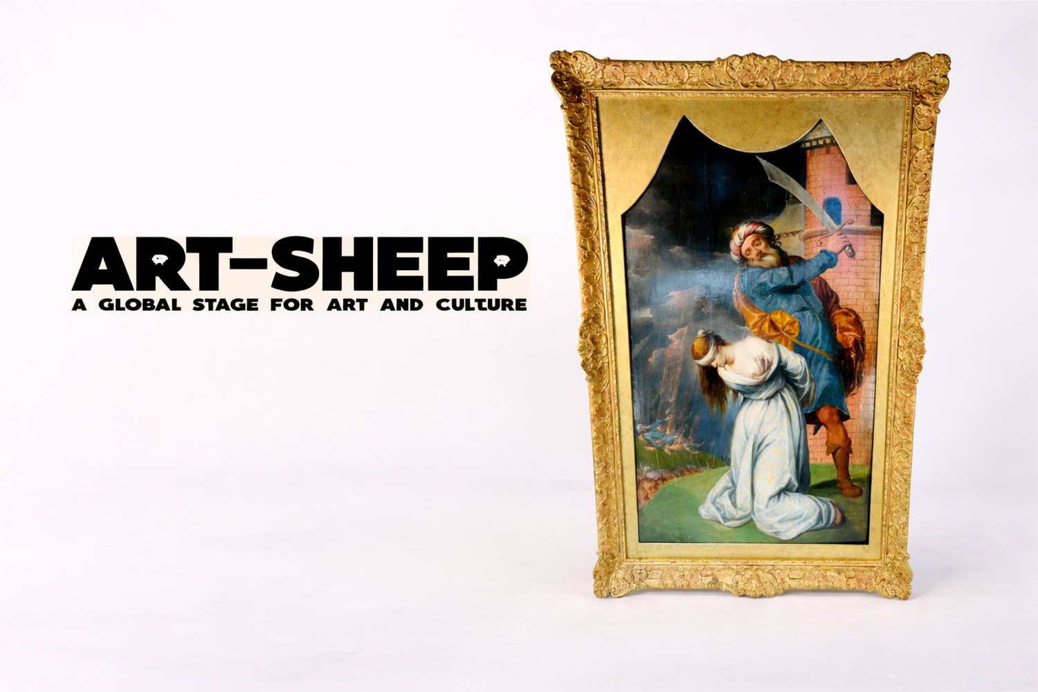 ART-SHEEP art and culture publication logo displayed beside an Italian Old Master painting depicting the martyrdom of Saint Catherine of Alexandria in an ornate gilded frame against a neutral studio background.