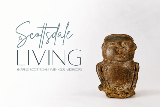 Ancient terracotta figurine displayed beneath The Scottsdale Living logo on a minimalist editorial-style background, featured in collaboration with Relic & Rarity discussing historical artifact authenticity and provenance.