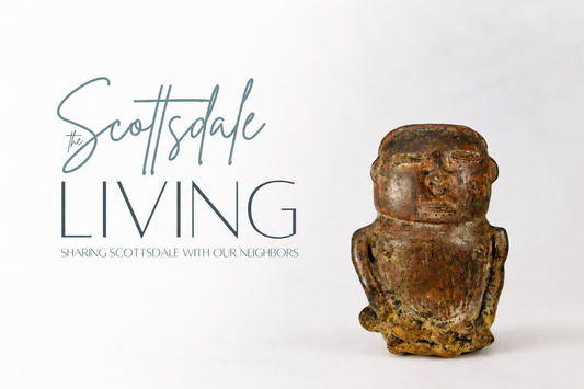 Ancient terracotta figurine displayed beneath The Scottsdale Living logo on a minimalist editorial-style background, featured in collaboration with Relic & Rarity discussing historical artifact authenticity and provenance.