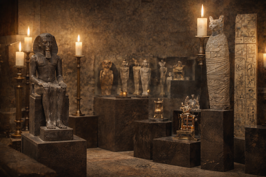 Ancient Egyptian artifacts displayed in a museum-style interior with statues, sarcophagus figures, and candle-lit pedestals