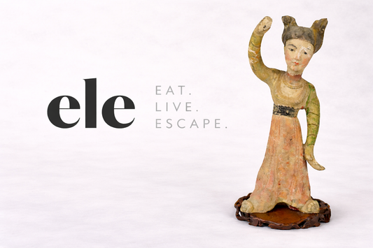 ELE lifestyle brand logo with “Eat. Live. Escape.” beside an ancient Chinese figurine artifact from the Relic & Rarity collection.