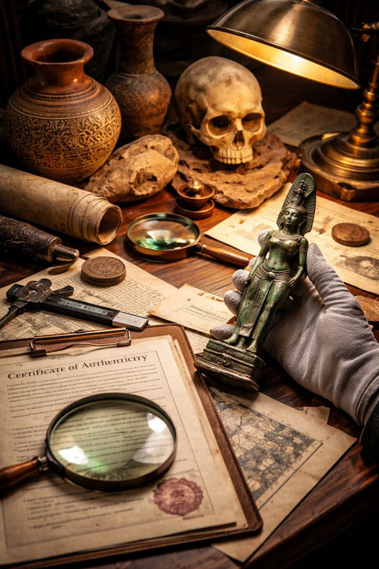Antique artifacts examined on a collector’s desk with magnifying glass, certificate of authenticity, and historical objects, illustrating artifact authentication and provenance research.