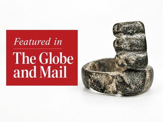 Ancient Roman bronze finger-ring key featured alongside The Globe and Mail editorial graphic for Relic & Rarity.