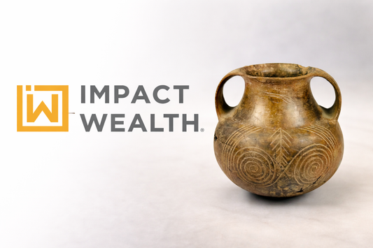 Impact Wealth logo beside ancient ceramic vessel artifact featured by Relic & Rarity.
