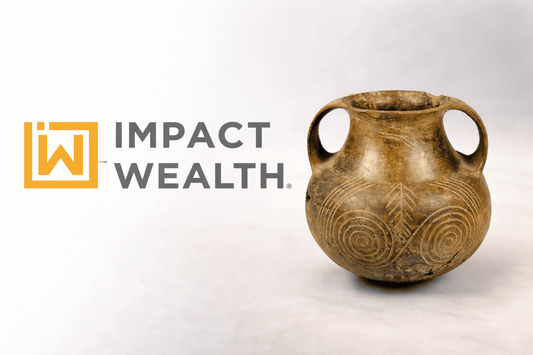 Impact Wealth logo beside ancient ceramic vessel artifact featured by Relic & Rarity.