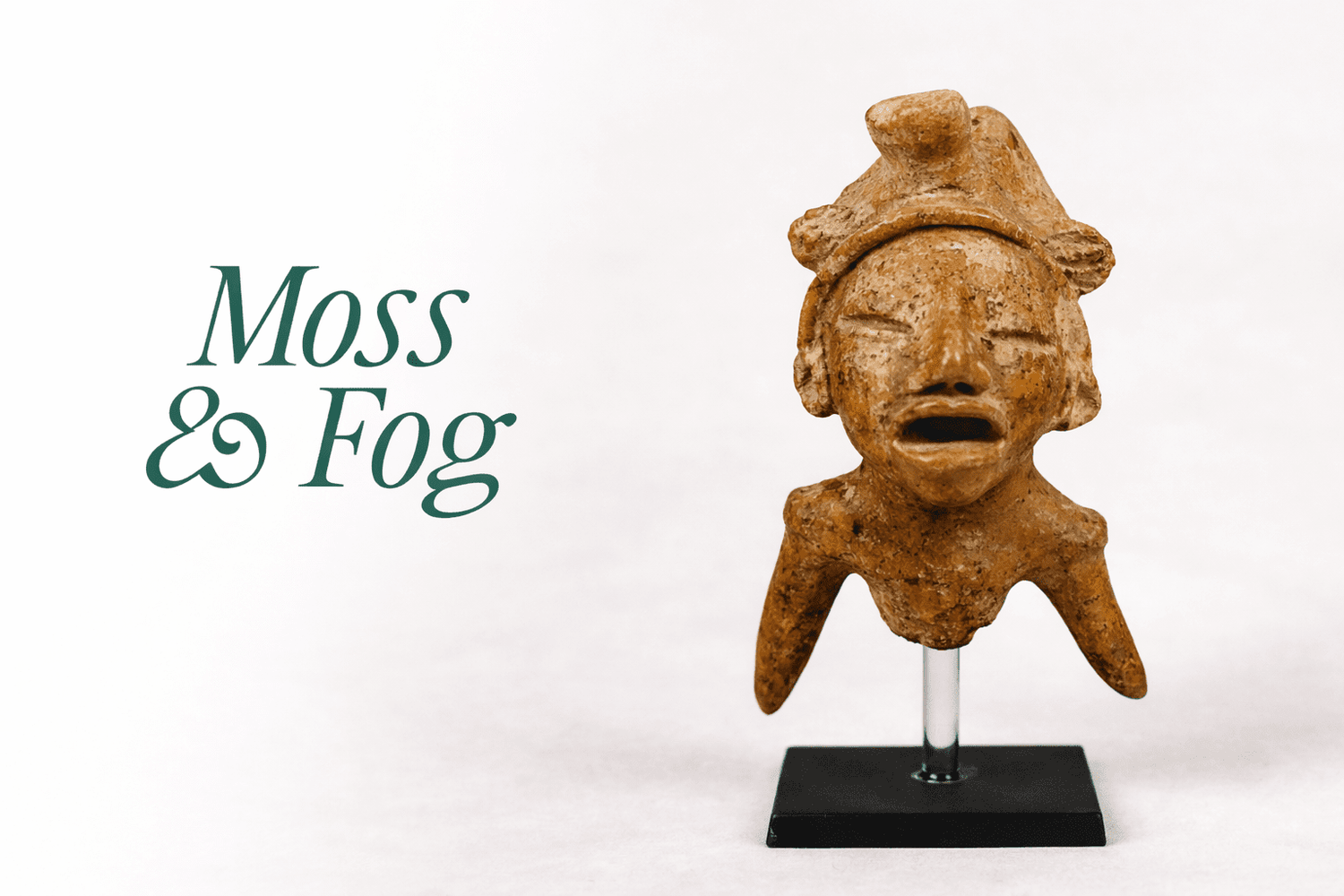 Ancient terracotta figurine artifact from the Relic & Rarity collection displayed beside the Moss & Fog publication logo.